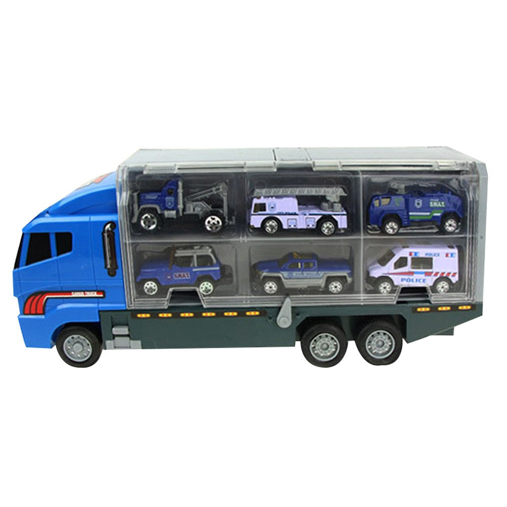 Kids Carrier Truck and 6 Mini Vehicle Toy Set Car Toy - Police Truck Set