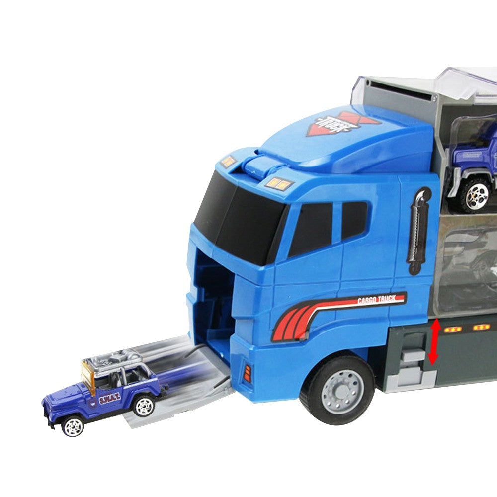 Kids Carrier Truck Toy Set with Playmat and Road Signs - Police Truck Set