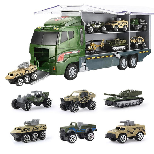 Kids Carrier Truck and 6 Mini Vehicle Toy Set Car Toy - Army Truck Set