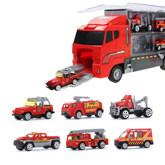 Kids Carrier Truck and 6 Mini Vehicle Toy Set Car Toy - Fire Truck Set