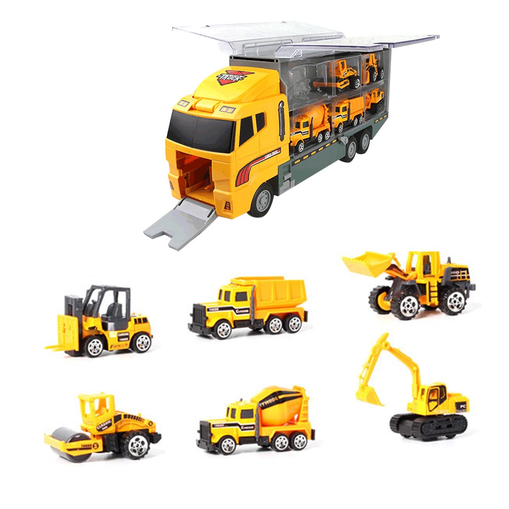 Kids Carrier Truck and 6 Mini Vehicle Toy Set Car Toy - Engineering Truck Set