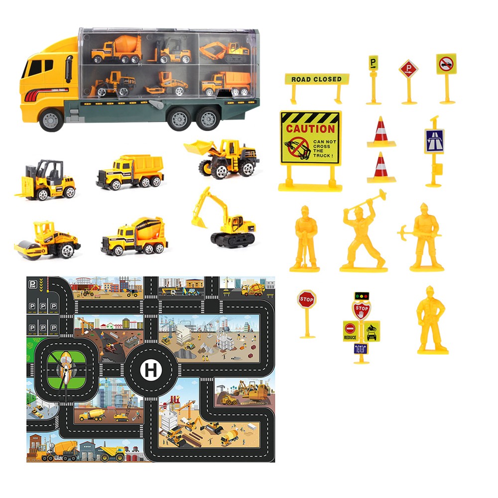 Kids Carrier Truck Toy Set with Playmat and Road Signs - Engineering Truck Set