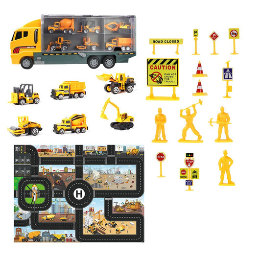 Kids Carrier Truck Toy Set with Playmat and Road Signs - Engineering Truck Set