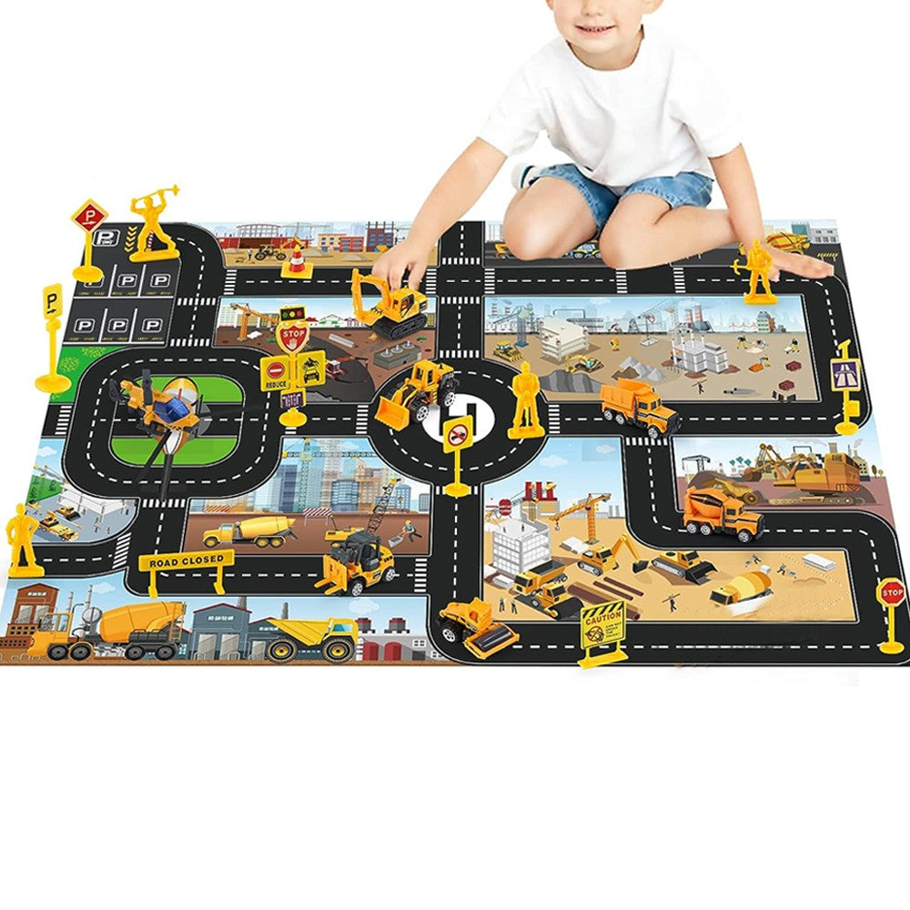 Kids Carrier Truck Toy Set with Playmat and Road Signs - Engineering Truck Set
