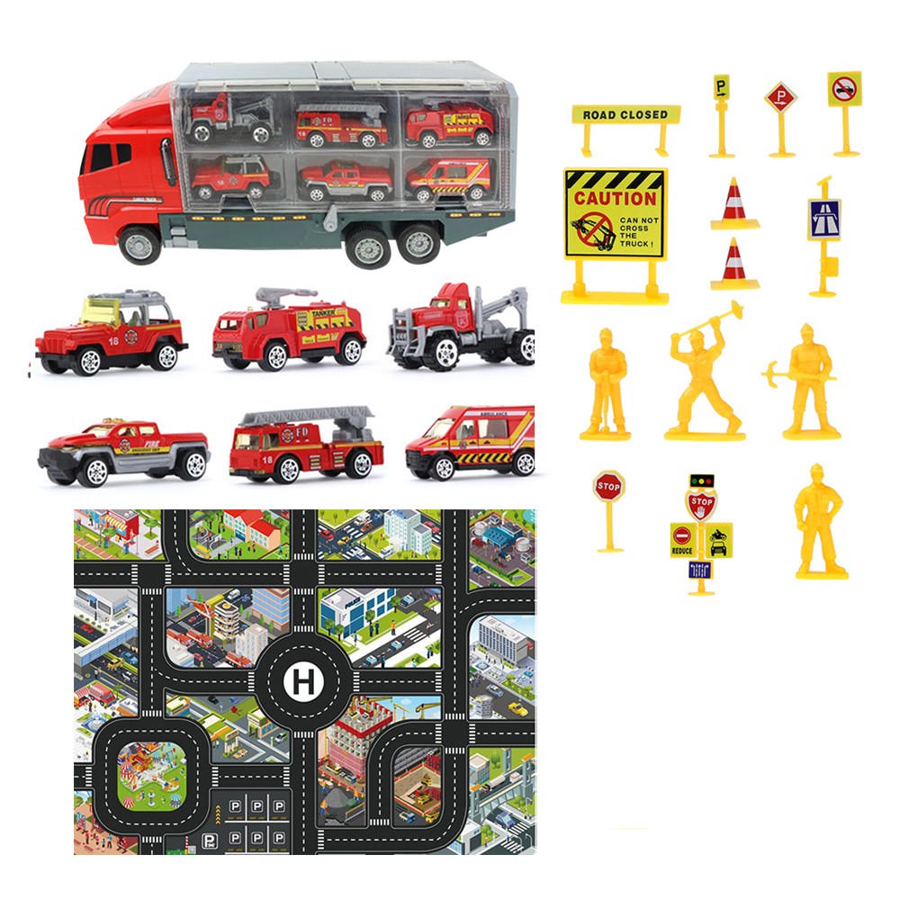 Kids Carrier Truck Toy Set with Playmat and Road Signs - Fire Truck Set