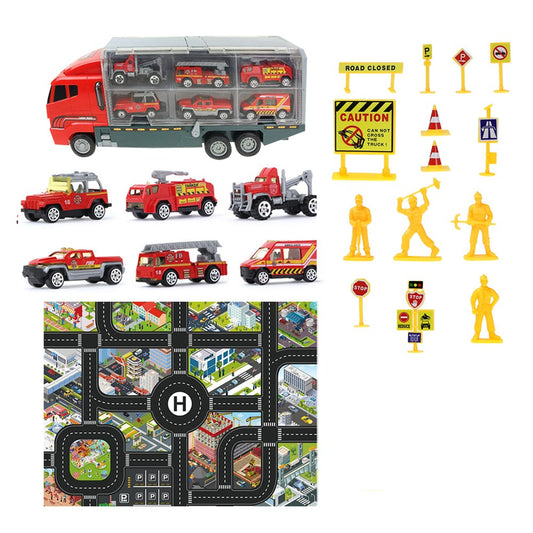 Kids Carrier Truck Toy Set with Playmat and Road Signs - Fire Truck Set