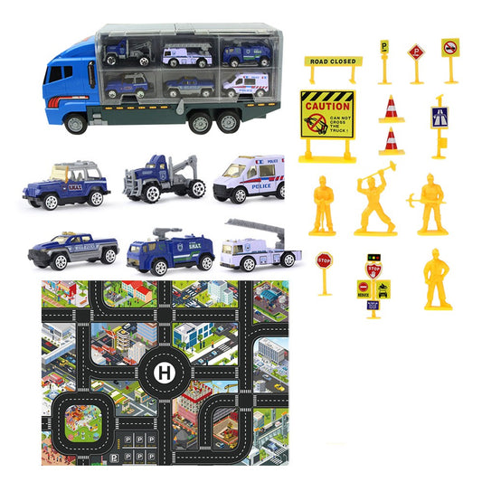 Kids Carrier Truck Toy Set with Playmat and Road Signs - Police Truck Set