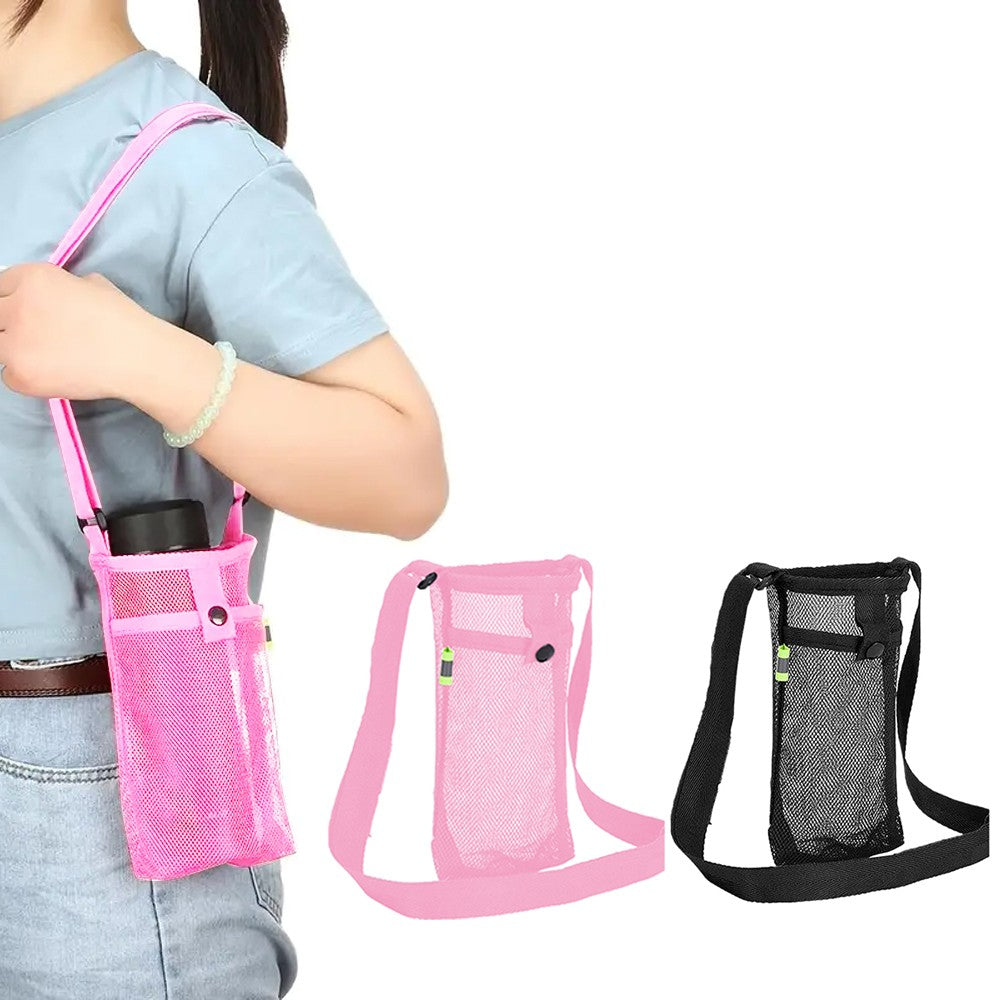 2Pcs Portable Water Bottle Mesh Carrier Bag Water Bottle Holder with Adjustable Shoulder Strap Black+Pink