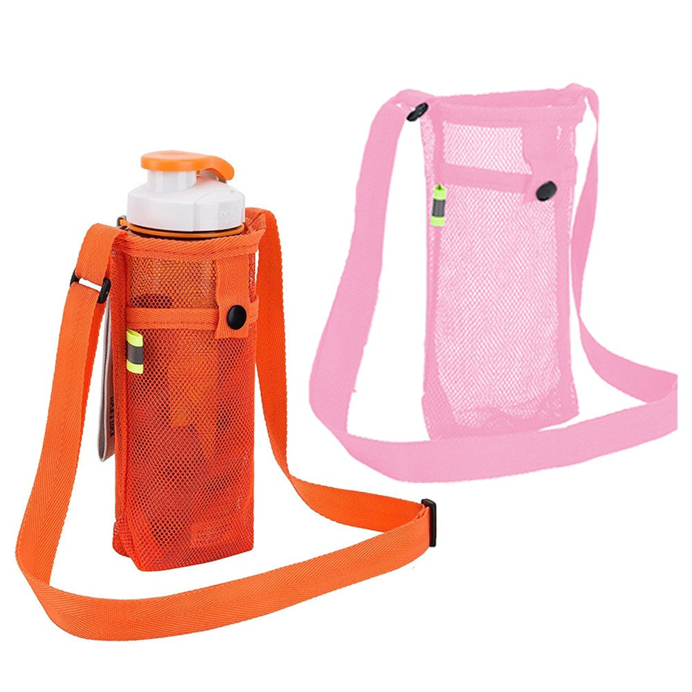 2Pcs Portable Water Bottle Mesh Carrier Bag Water Bottle Holder with Adjustable Shoulder Strap Orange+Pink
