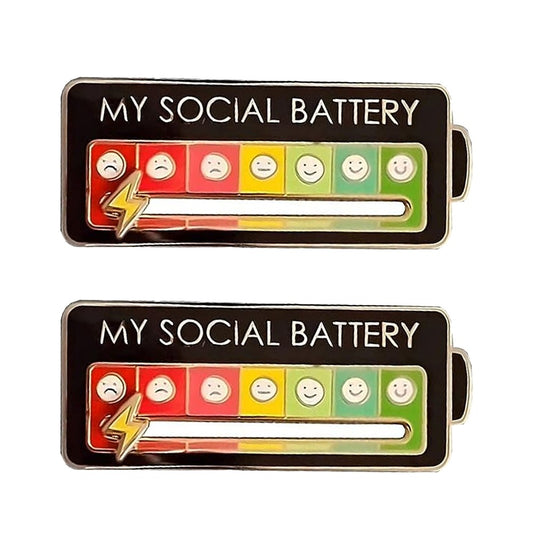 2Pcs My Social Battery Pin Mood Brooch Lapel Pin Emotional Pin - Black Battery