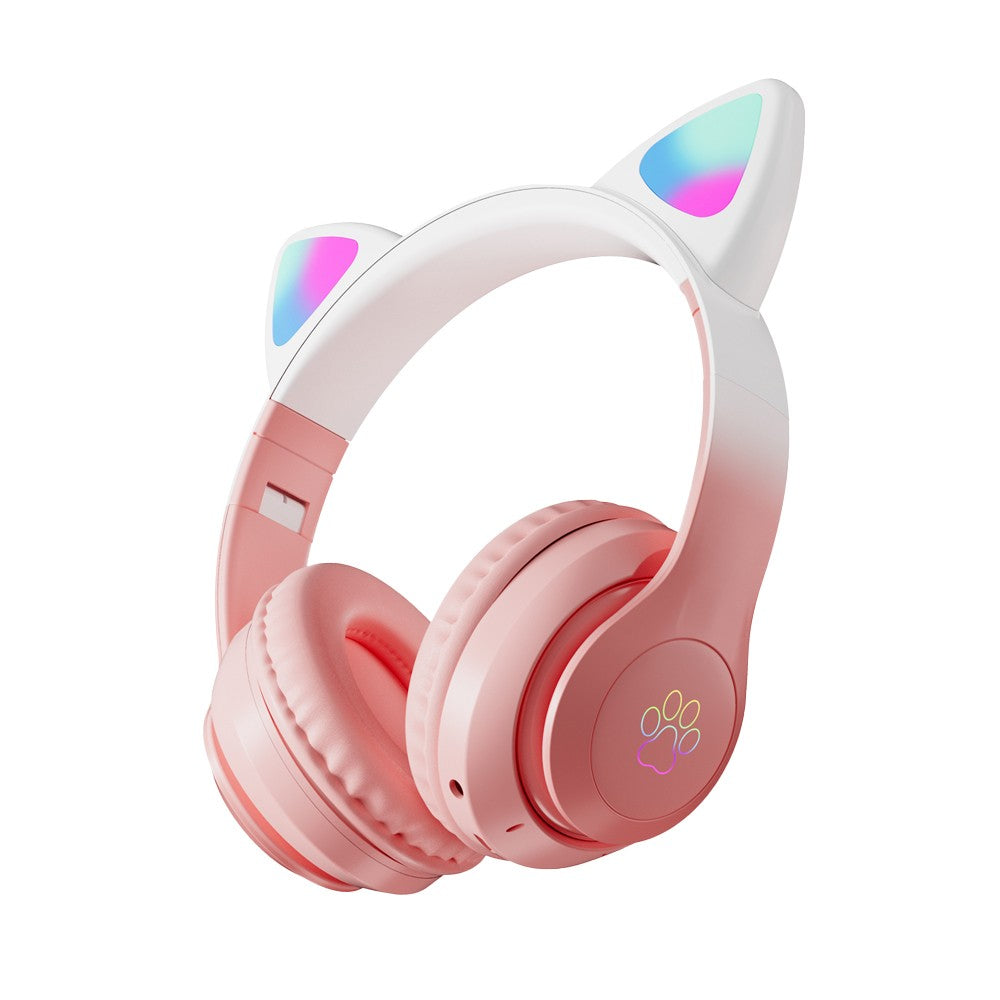 Kids Bluetooth 5.3 Headphone Cat Ear LED Light Up Wireless Stereo Headset Pink