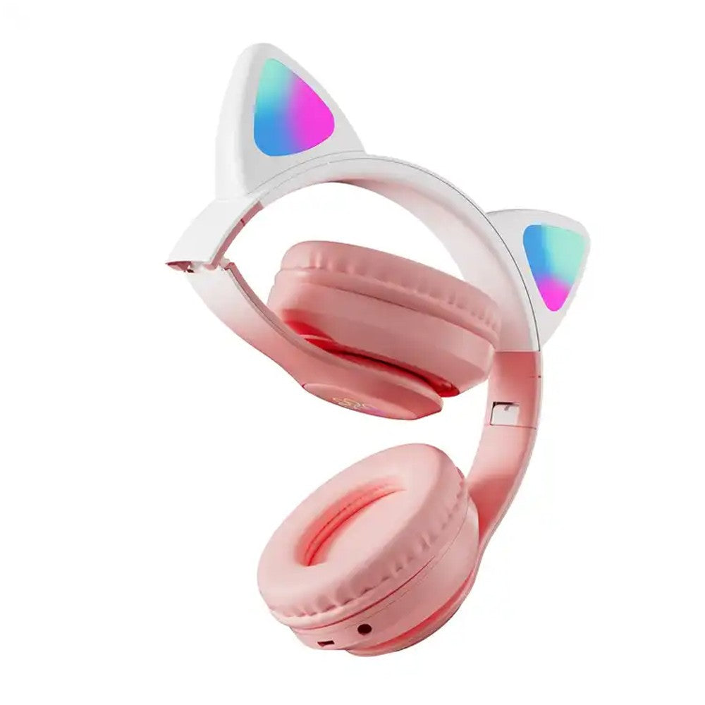 Kids Bluetooth 5.3 Headphone Cat Ear LED Light Up Wireless Stereo Headset Pink