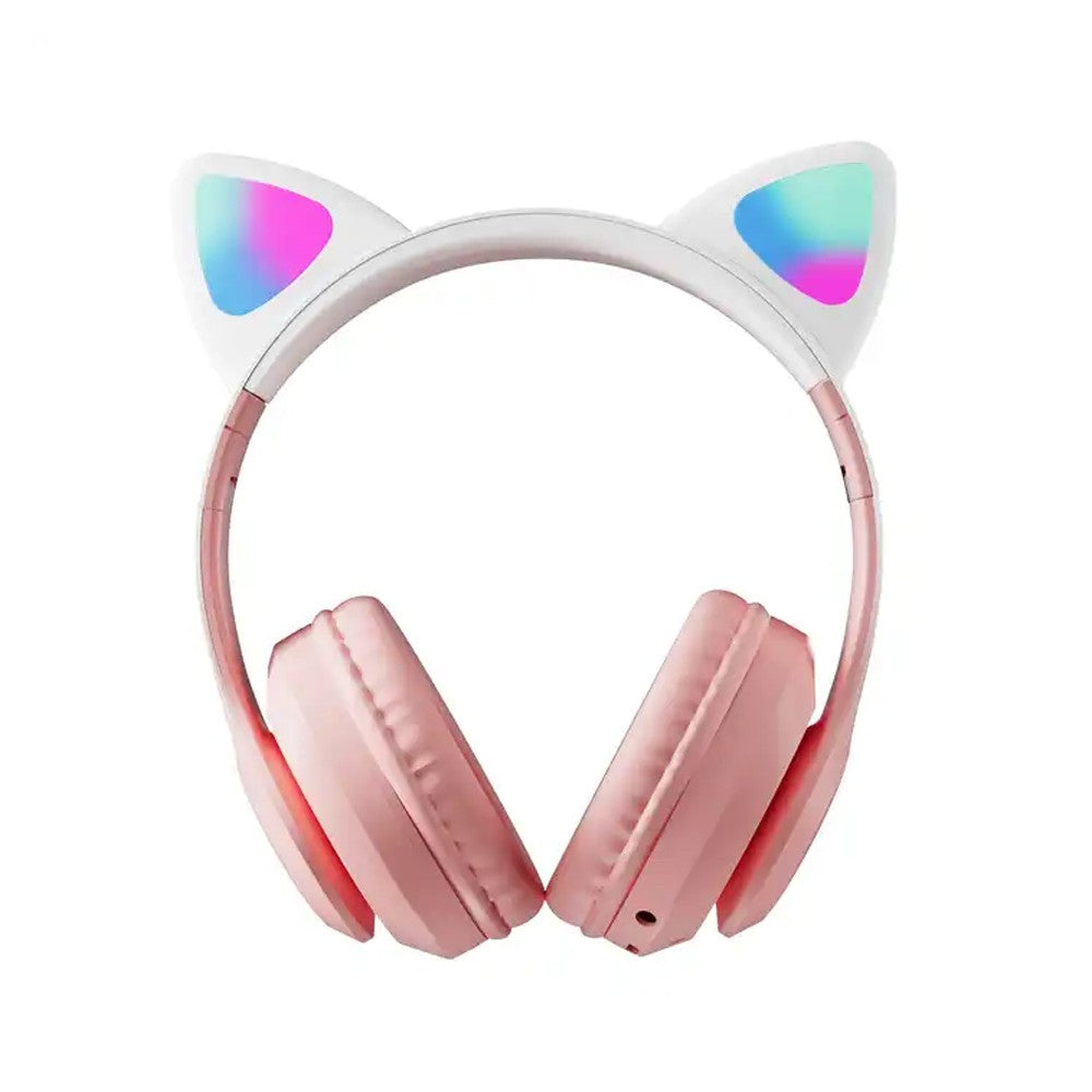 Kids Bluetooth 5.3 Headphone Cat Ear LED Light Up Wireless Stereo Headset Pink