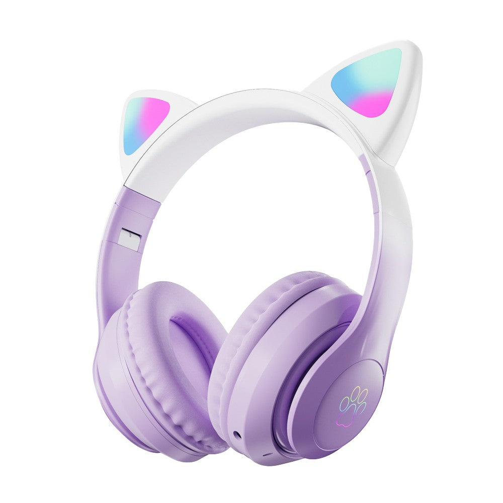 Kids Bluetooth 5.3 Headphone Cat Ear LED Light Up Wireless Stereo Headset Purple