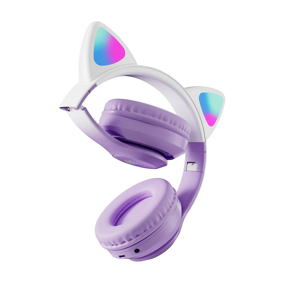 Kids Bluetooth 5.3 Headphone Cat Ear LED Light Up Wireless Stereo Headset Purple
