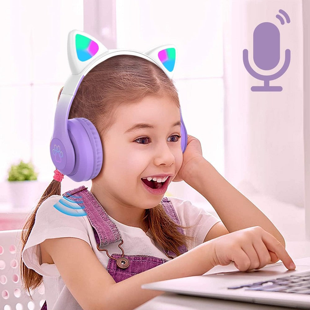 Kids Bluetooth 5.3 Headphone Cat Ear LED Light Up Wireless Stereo Headset Purple