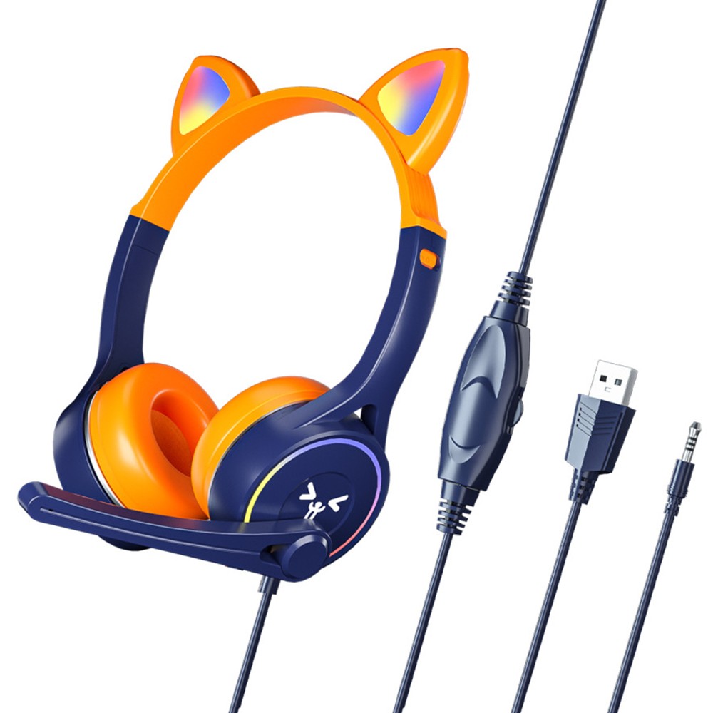 Gaming Headphone Cat Ear Wired Headset with LED Light and Adjustable Microphone Orange