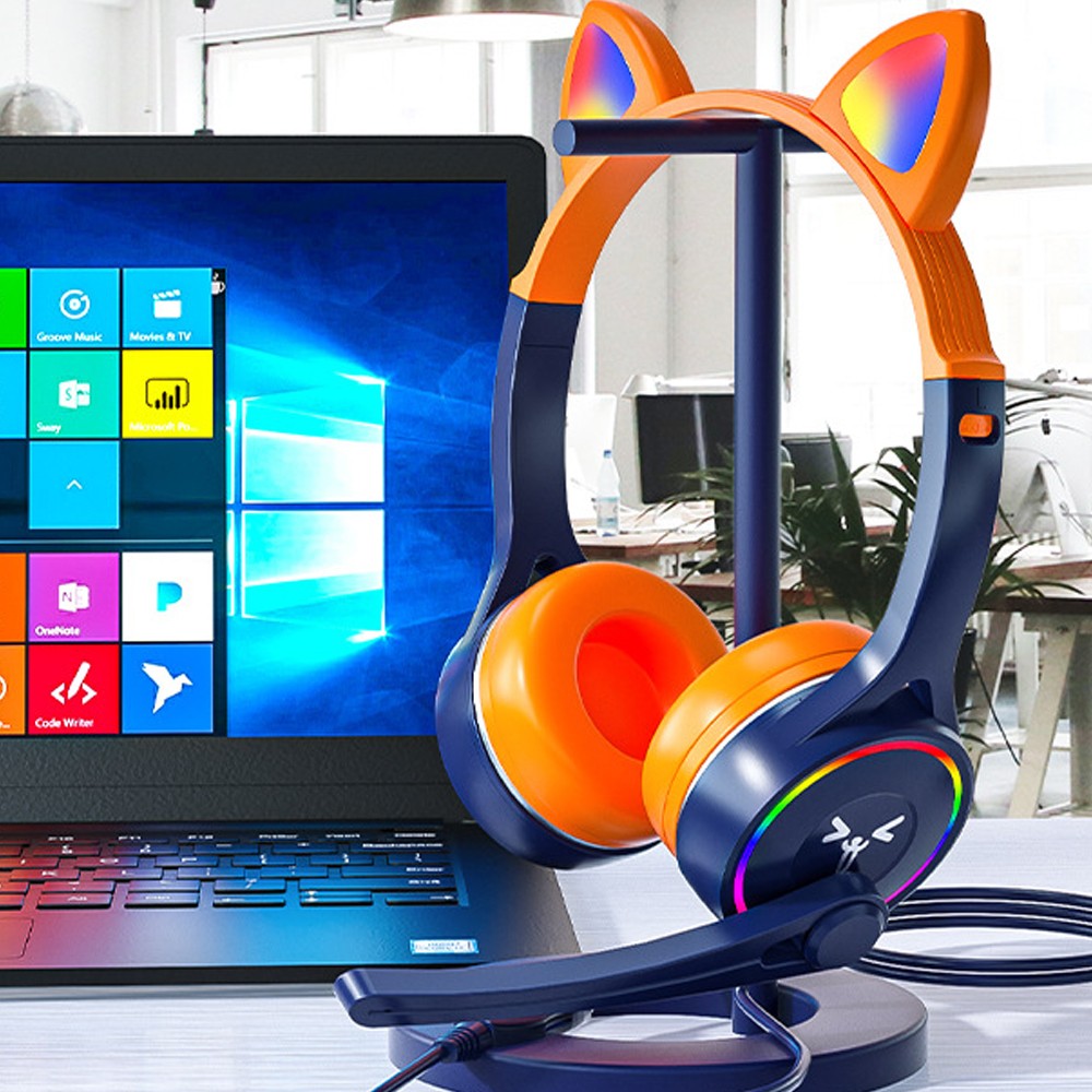 Gaming Headphone Cat Ear Wired Headset with LED Light and Adjustable Microphone Orange