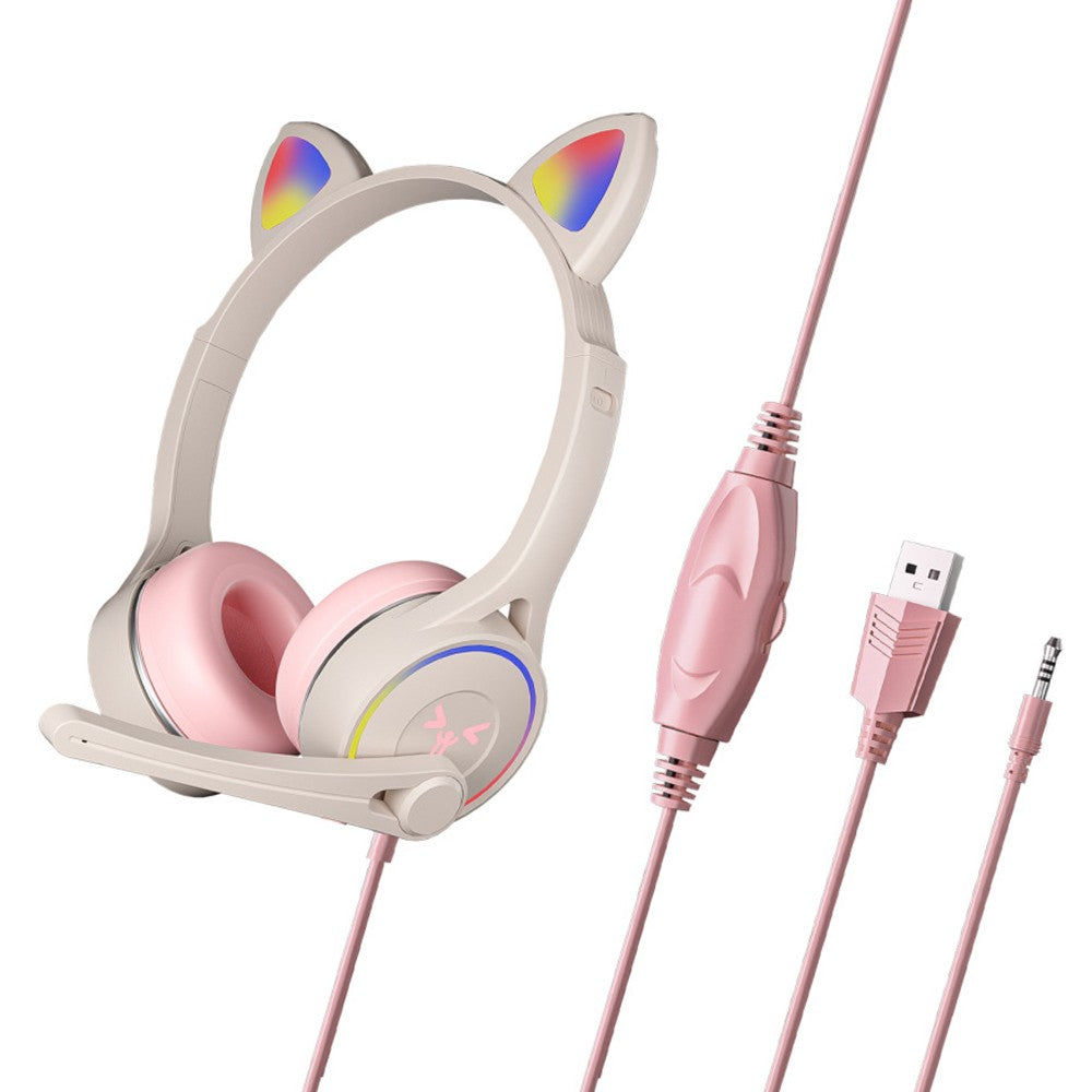 Gaming Headphone Cat Ear Wired Headset with LED Light and Adjustable Microphone Pink