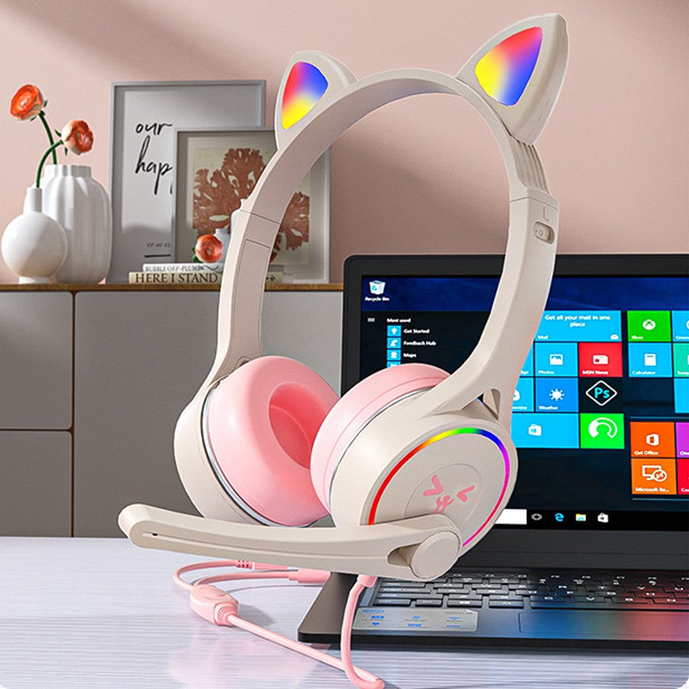Gaming Headphone Cat Ear Wired Headset with LED Light and Adjustable Microphone Pink