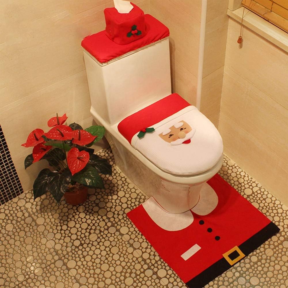 3Pcs Christmas Toilet Seat Cover Set Santa Toilet Seat Lid Cover Xmas Bathroom Decor