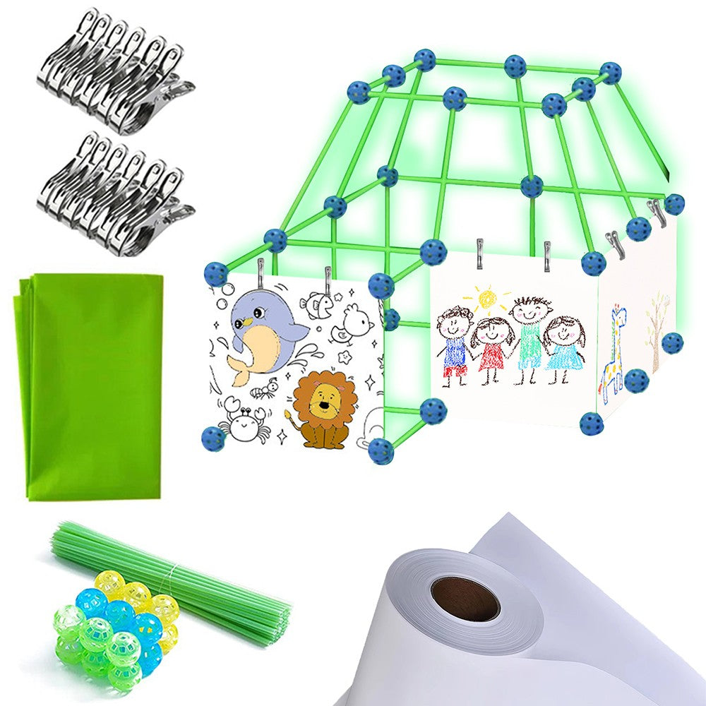 121Pcs DIY Kids Tent Fort Building Toy Kit with 1 Roll of White Cloth and 60 Clips