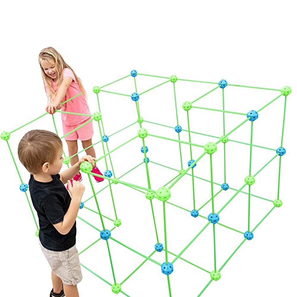 121Pcs DIY Kids Tent Fort Building Toy Kit with 1 Roll of White Cloth and 60 Clips