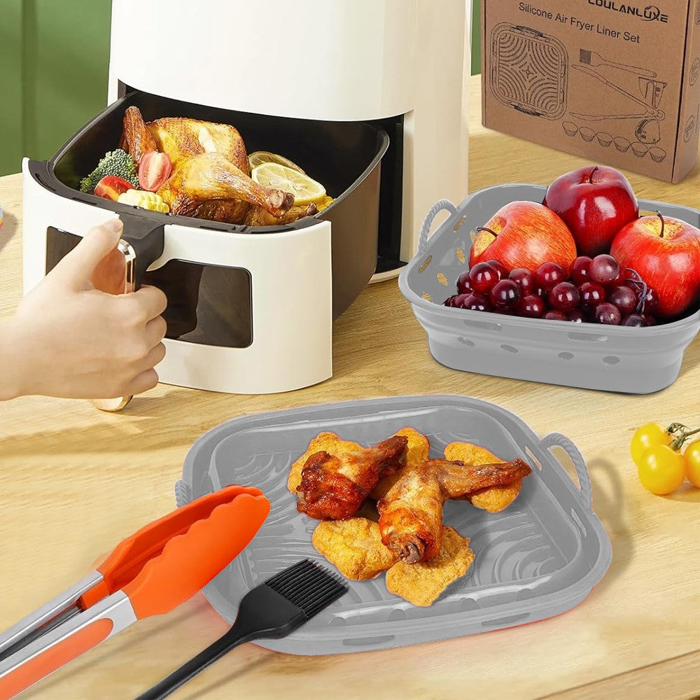 2Pcs Square Foldable Air Fryer Silicone Pot Reusable Air Fryer Liner Oven Baking Tray Pan - Grey+Red