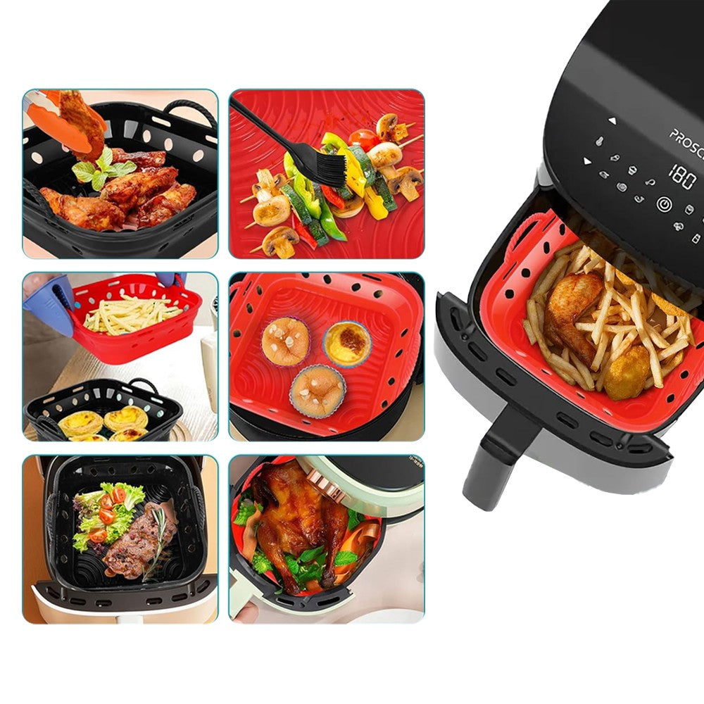 1Pc Square Foldable Air Fryer Silicone Pot Reusable Air Fryer Liner Oven Baking Tray Pan - Red