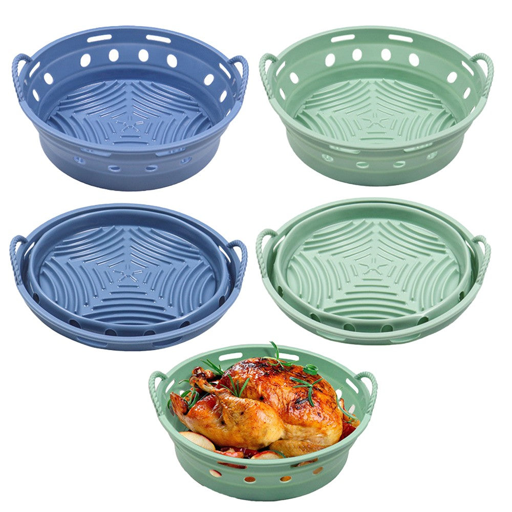2Pcs Round Foldable Air Fryer Silicone Pot Reusable Air Fryer Liner Oven Baking Tray Pan - Blue+Green