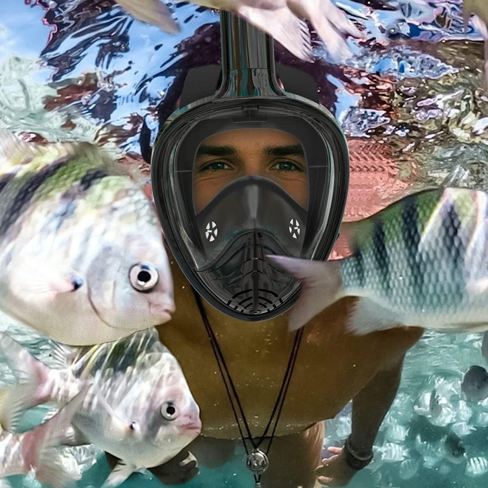 Full Face Snorkel Mask Set Anti-leak Diving Goggles with Diving Waist Bag - Black