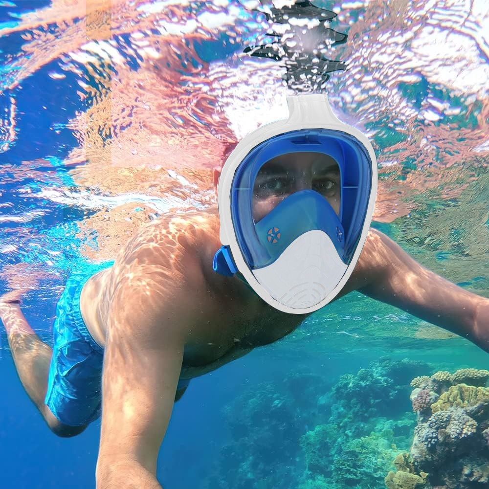 Full Face Snorkel Mask Set Anti-leak Diving Goggles with Diving Waist Bag - Blue