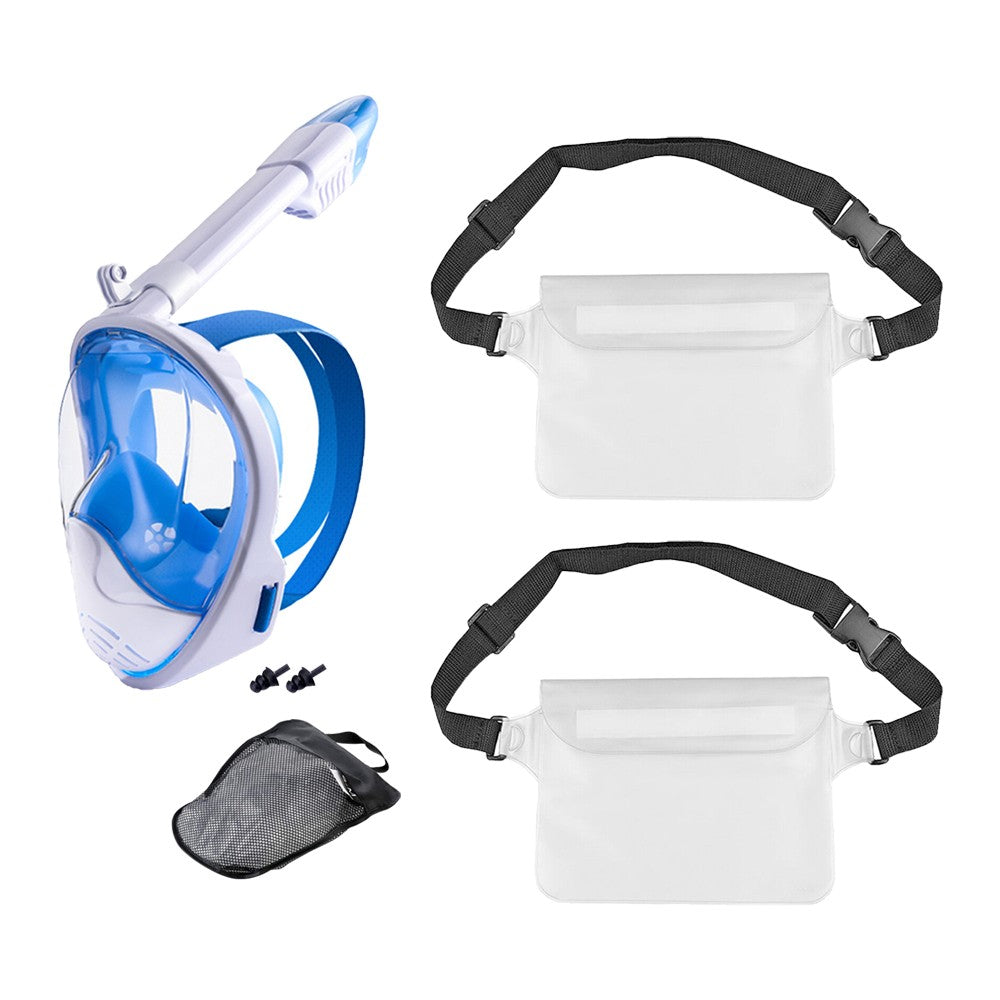 Full Face Snorkel Mask Set Anti-leak Diving Goggles with Diving Waist Bag - Blue