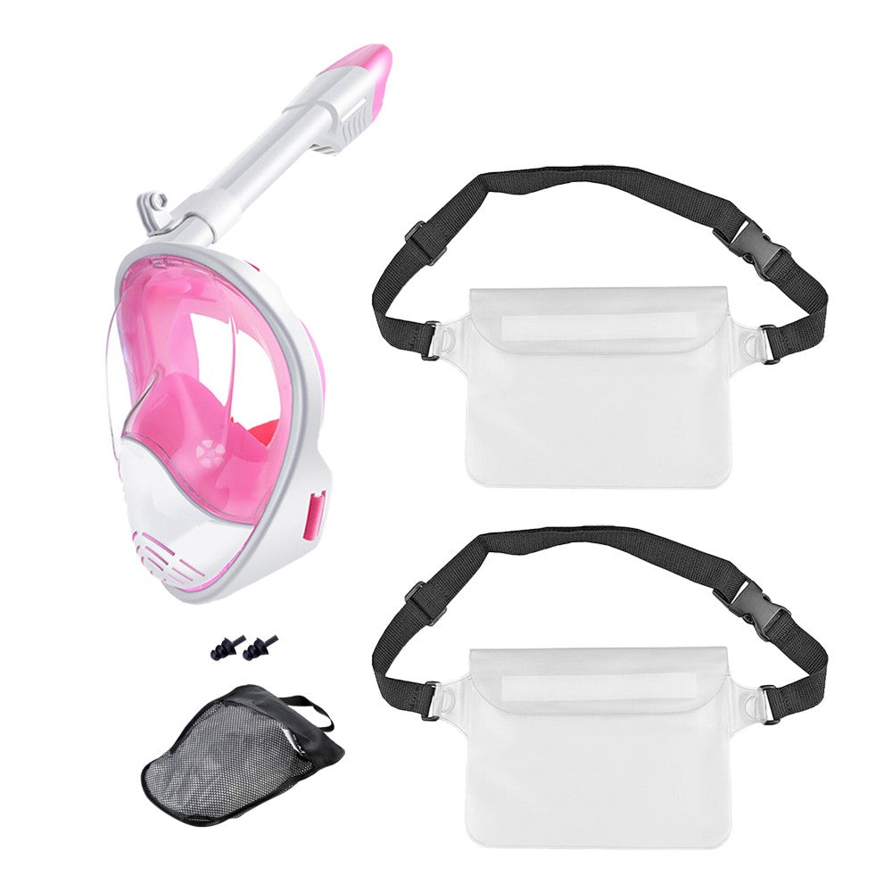 Full Face Snorkel Mask Set Anti-leak Diving Goggles with Diving Waist Bag - Pink