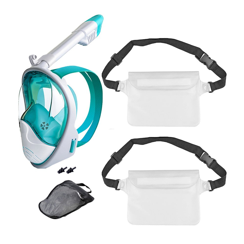 Full Face Snorkel Mask Set Anti-leak Diving Goggles with Diving Waist Bag - Green