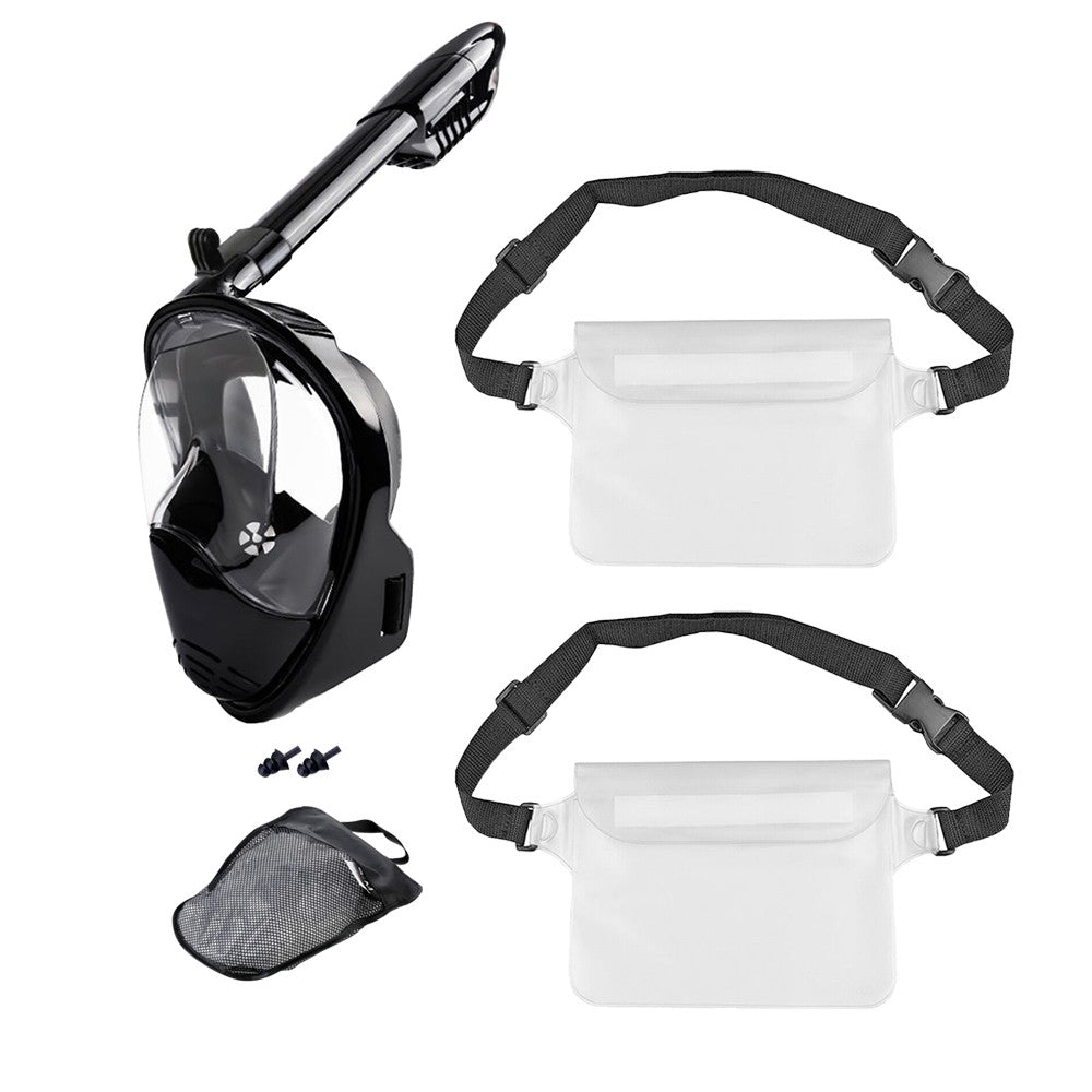 Full Face Snorkel Mask Set Anti-leak Diving Goggles with Diving Waist Bag - Black