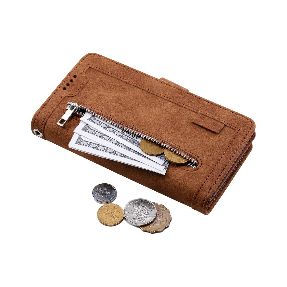 For iPhone 15 Phone Case PU Leather Wallet Flip Cover - Brown