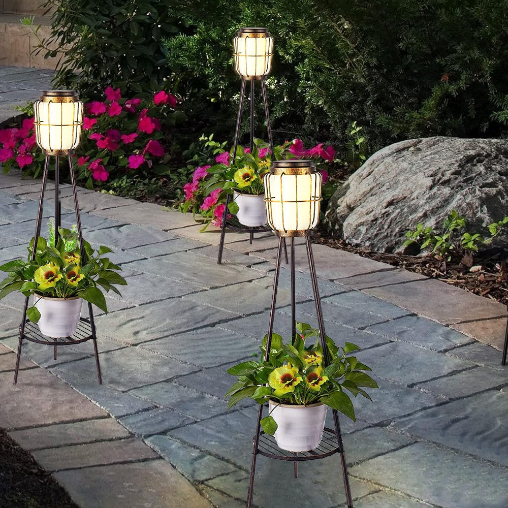 Outdoor Solar Light with Plant Stand Metal Tripod Floor Lamp