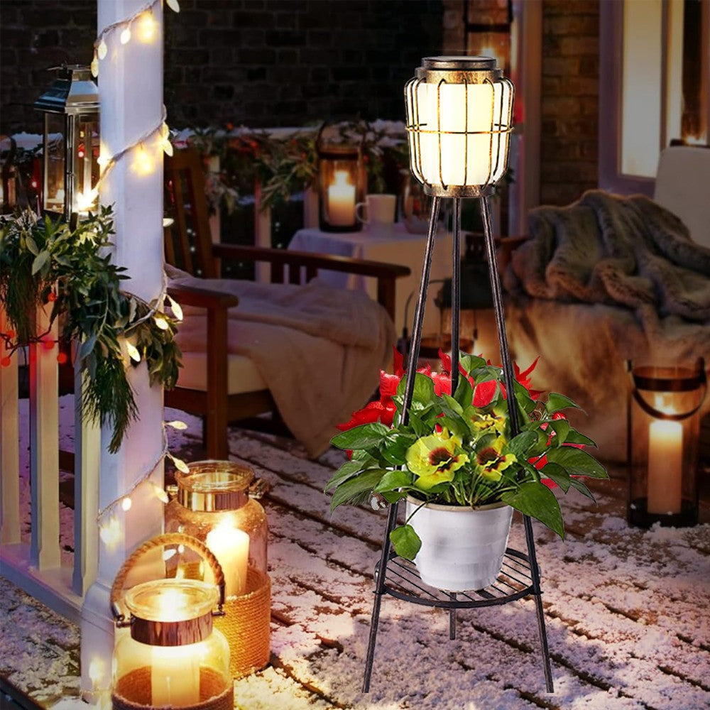 Outdoor Solar Light with Plant Stand Metal Tripod Floor Lamp