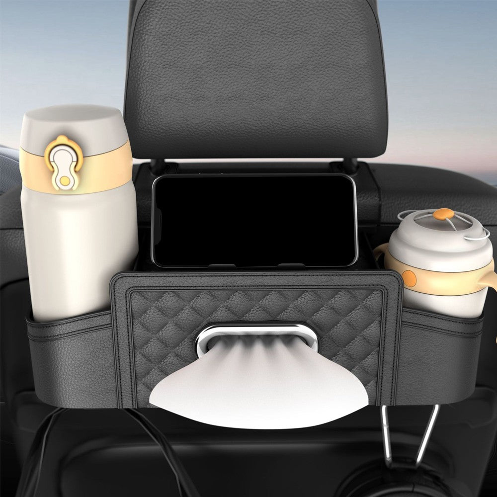 Car Backseat Organizer with Tissue Box Multi-functional Storage Box - Black