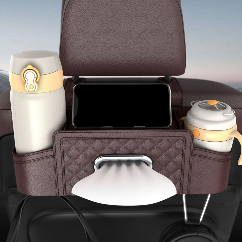 Car Backseat Organizer with Tissue Box Multi-functional Storage Box - Brown