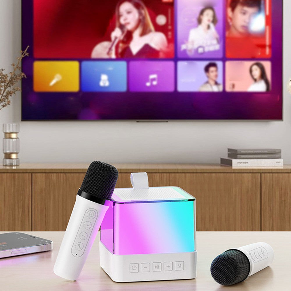 Mini Karaoke Machine Bluetooth Speaker with 2 Wireless Microphones - White