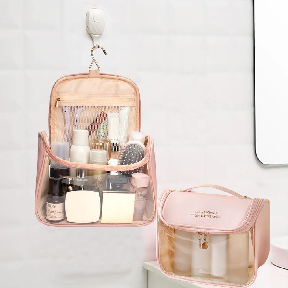 1Pc Clear Makeup Bag Travel Toiletry Bag Cosmetic Bag with Hook - Pink
