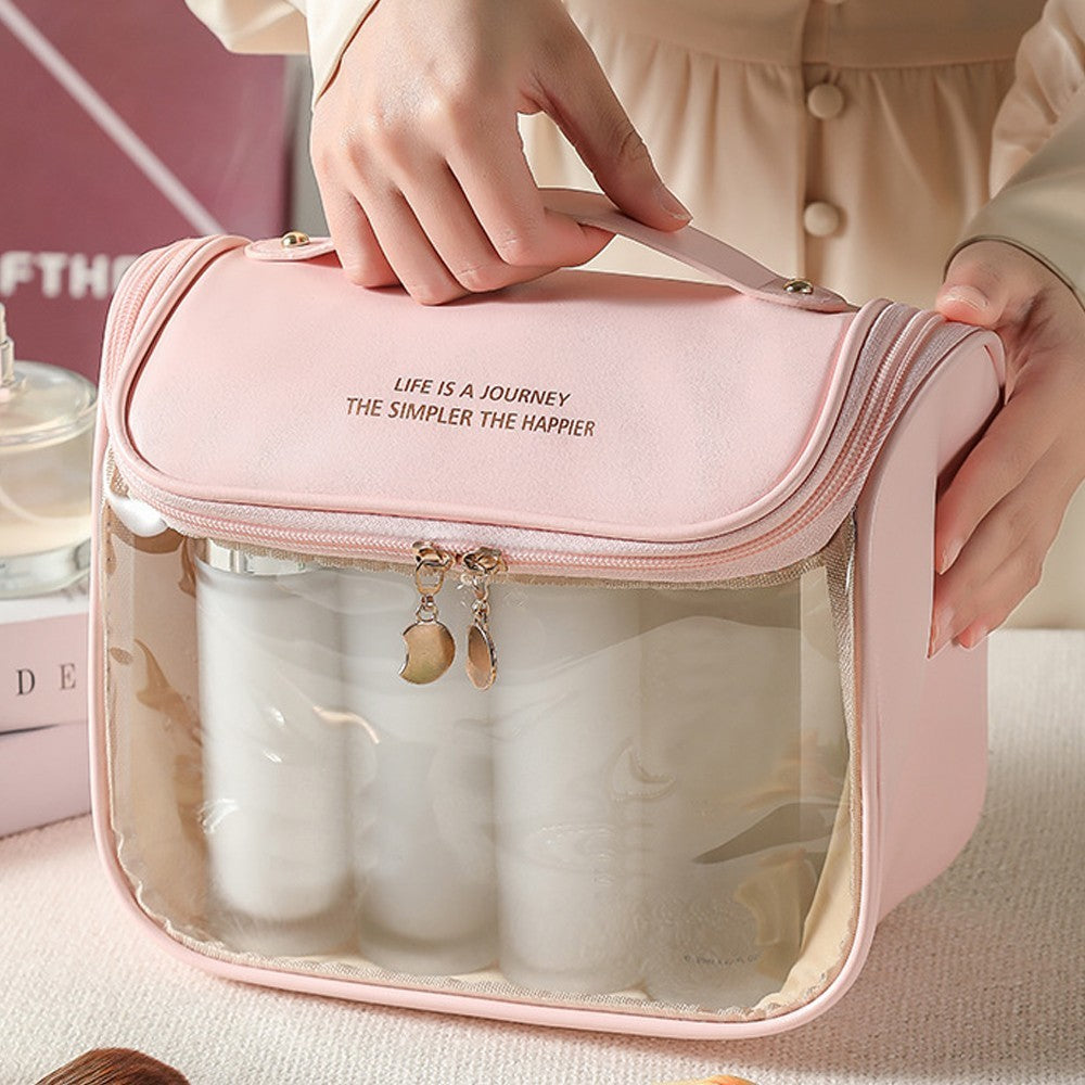 2Pcs Clear Makeup Bag Travel Toiletry Bag Cosmetic Bag with Hook - Brown+Pink