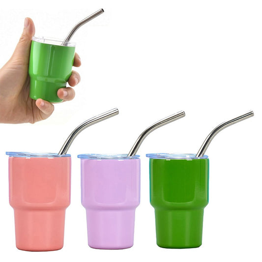 3Pcs 2oz Mini Stainless Steel Tumbler Cup with Straw and Lid for Party - Green+Purple+Pink