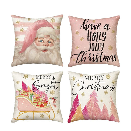 4Pcs Pink Christmas Pillowcase Sofa Throw Pillow Cases Xmas Home Decoration