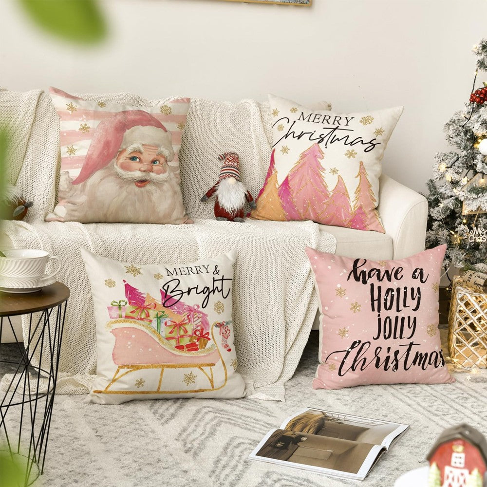 4Pcs Pink Christmas Pillowcase Sofa Throw Pillow Cases Xmas Home Decoration