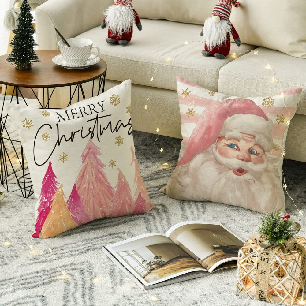 4Pcs Pink Christmas Pillowcase Sofa Throw Pillow Cases Xmas Home Decoration