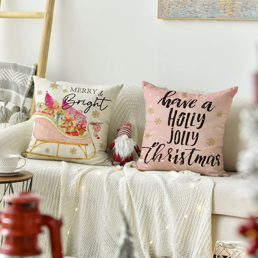 4Pcs Pink Christmas Pillowcase Sofa Throw Pillow Cases Xmas Home Decoration