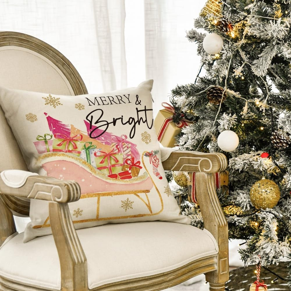 4Pcs Pink Christmas Pillowcase Sofa Throw Pillow Cases Xmas Home Decoration